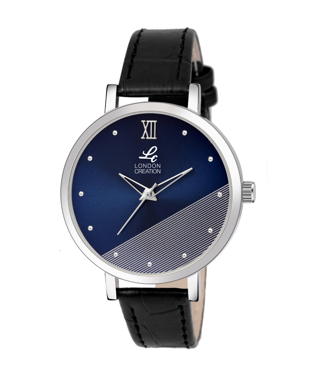London Creation Women's Navy Textured Dial | Roman Accent Leather Watch