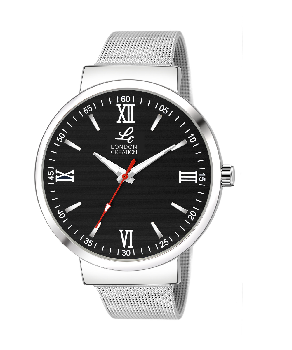 London Creation Men's Black Textured Dial | Roman Index Mesh Strap Watch