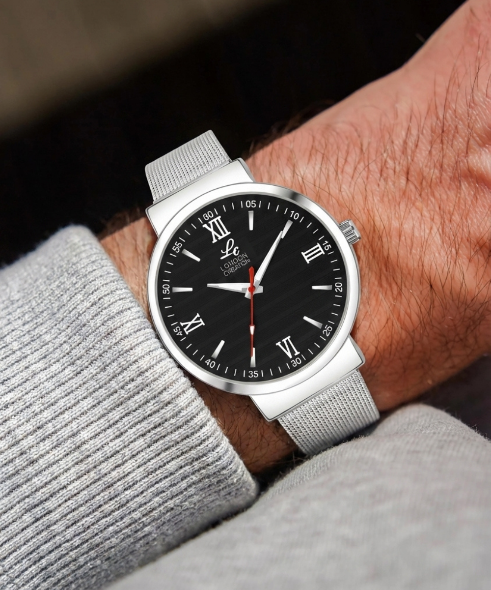 London Creation Men's Black Textured Dial | Roman Index Mesh Strap Watch
