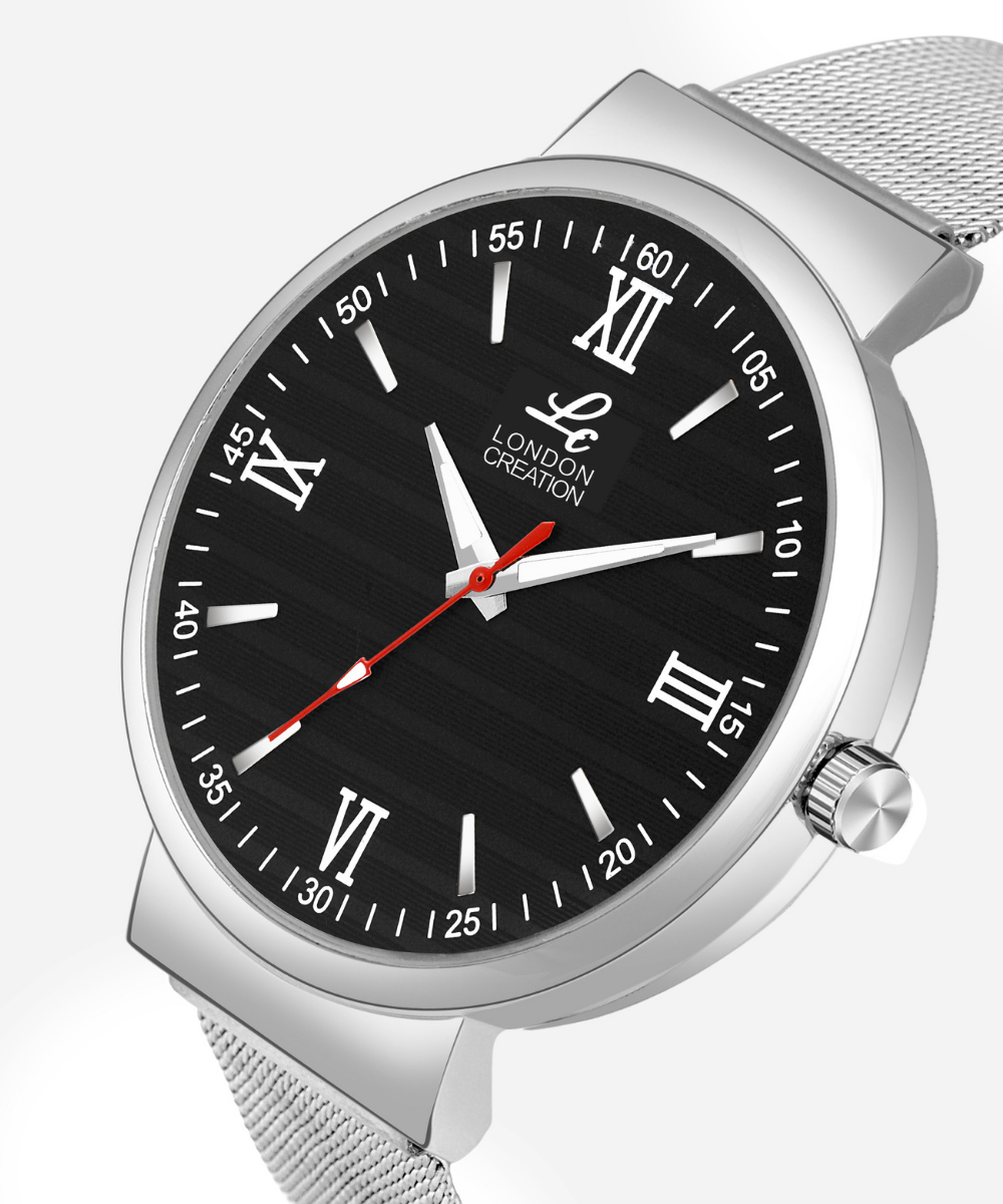 London Creation Men's Black Textured Dial | Roman Index Mesh Strap Watch