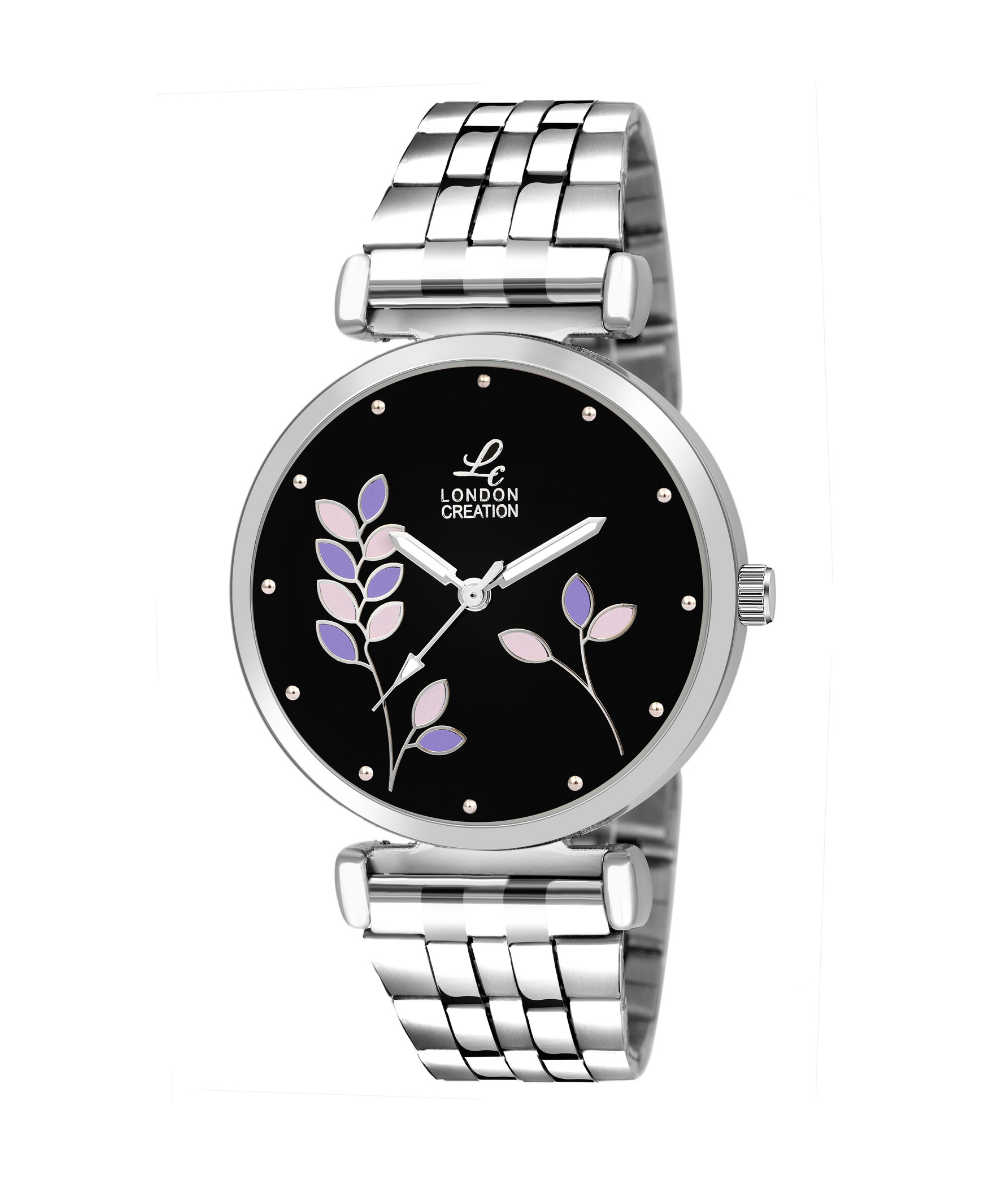 London Creation Women's Midnight Bloom | Black Floral Steel Watch