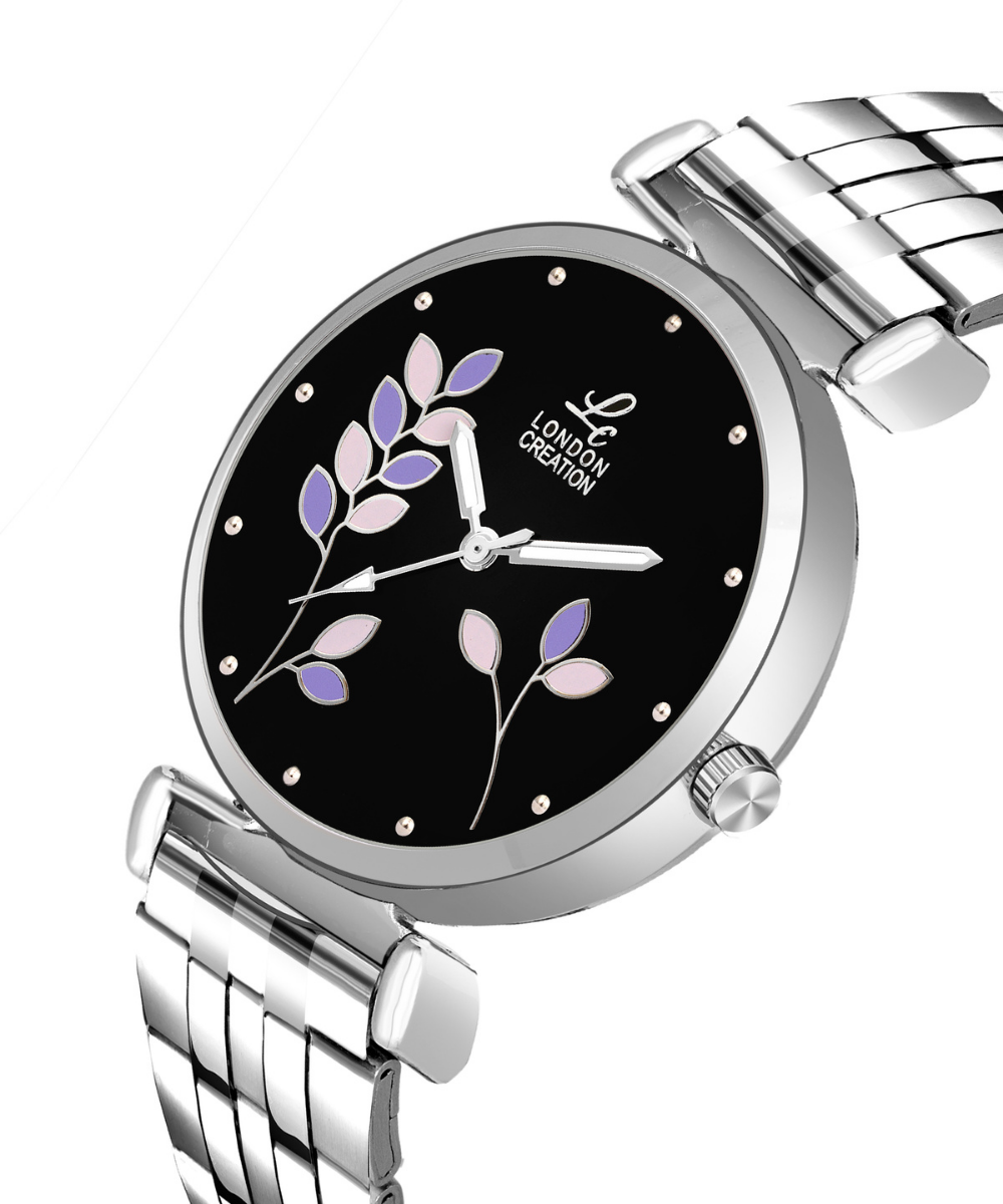 London Creation Women's Midnight Bloom | Black Floral Steel Watch