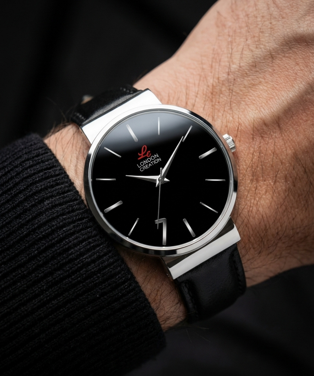 LC-GR001-BLK-BLK London Creation Minimal Noir | Black Dial Leather Watch