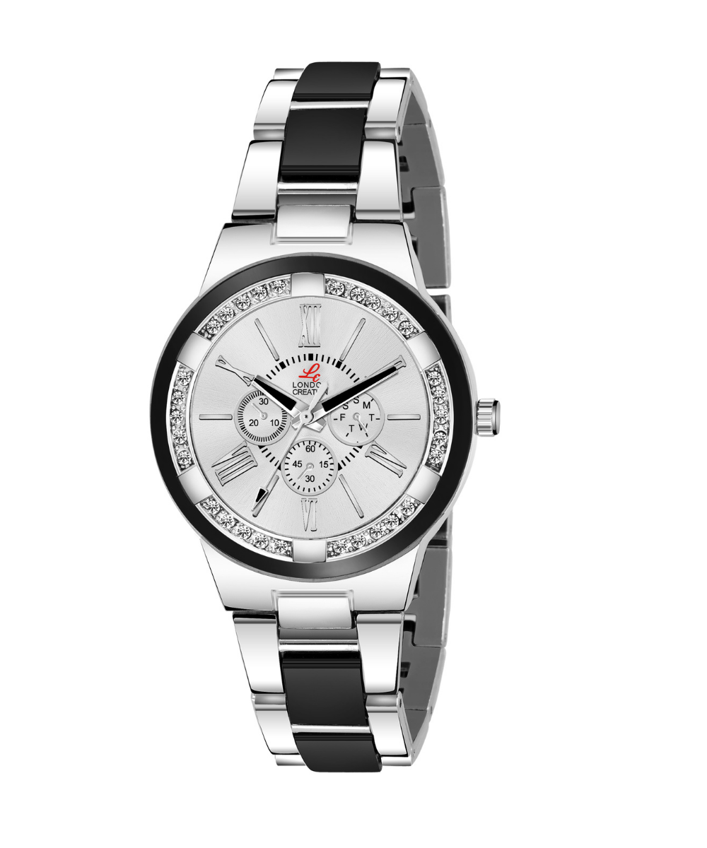 LC-LR003-WHT-INBLKWT London Creation Monochrome Luxe | White Dial & Black Inlay Bracelet