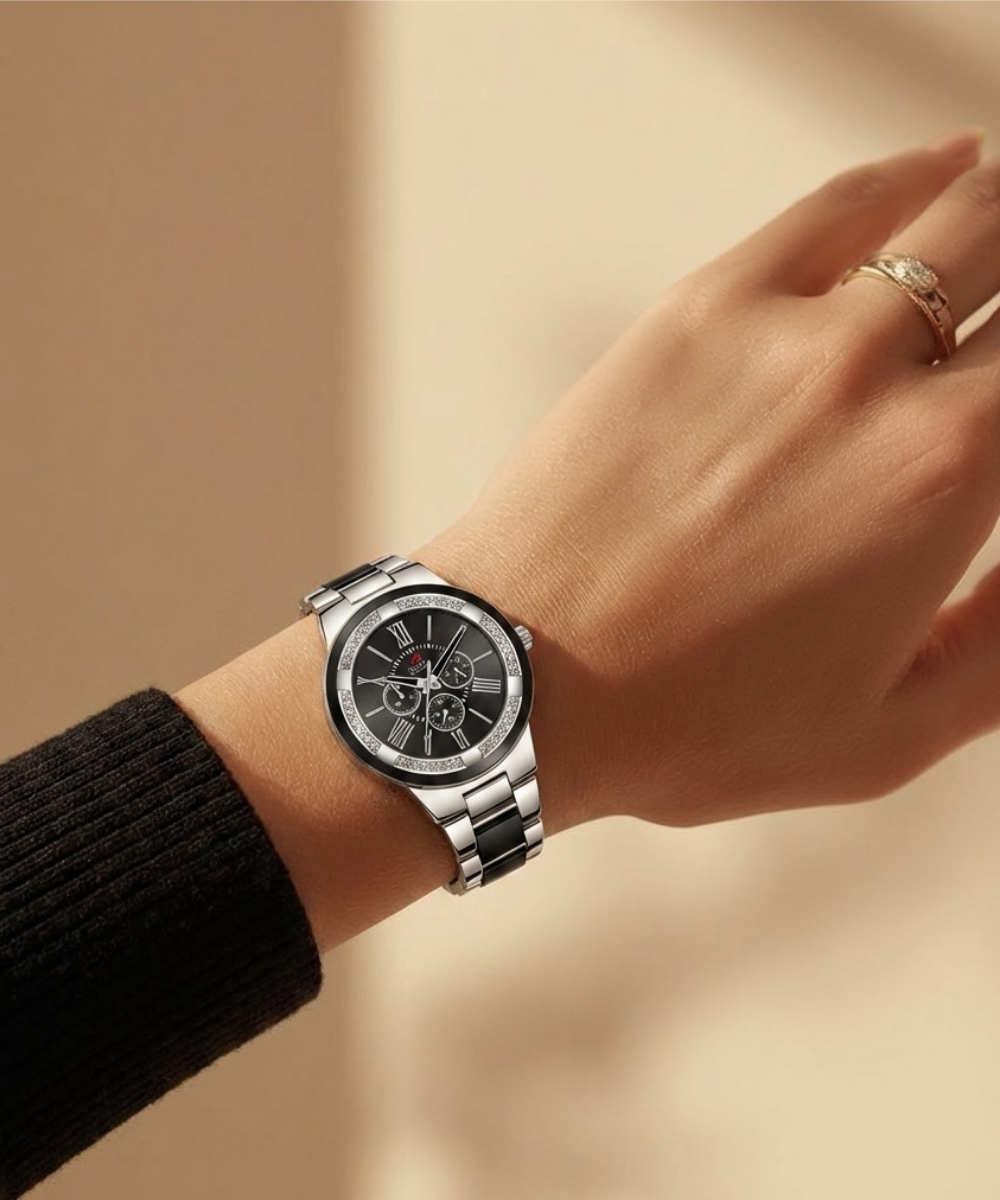 LC-LR003-WHT-INBLKWT London Creation Monochrome Luxe | White Dial & Black Inlay Bracelet