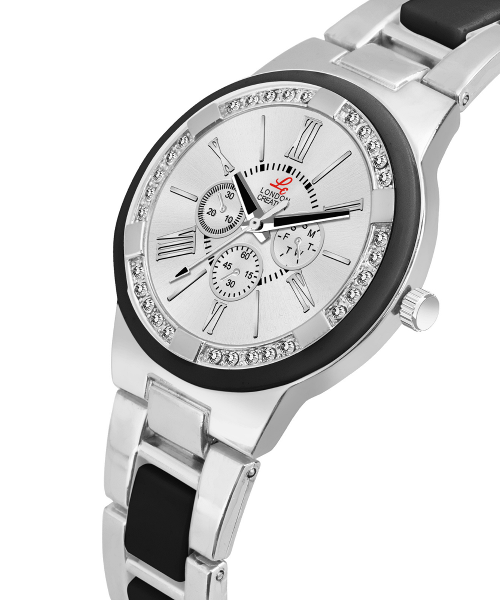 LC-LR003-WHT-INBLKWT London Creation Monochrome Luxe | White Dial & Black Inlay Bracelet