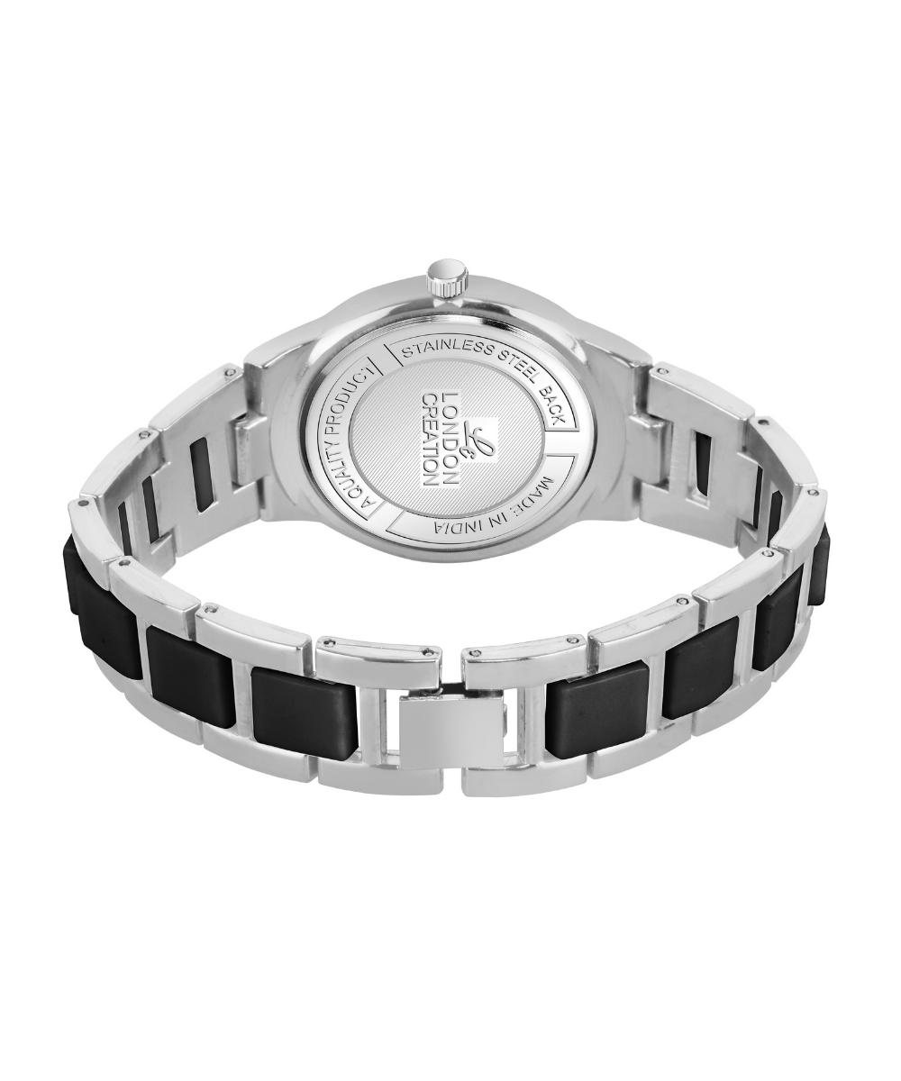 LC-LR003-WHT-INBLKWT London Creation Monochrome Luxe | White Dial & Black Inlay Bracelet