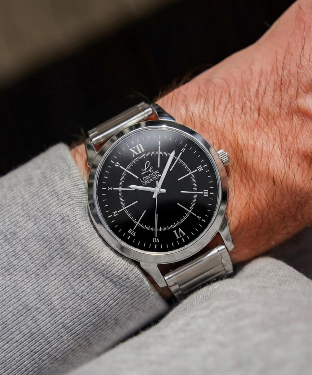 London Creation Men's Midnight Classic | Black Dial Stainless Steel Watch