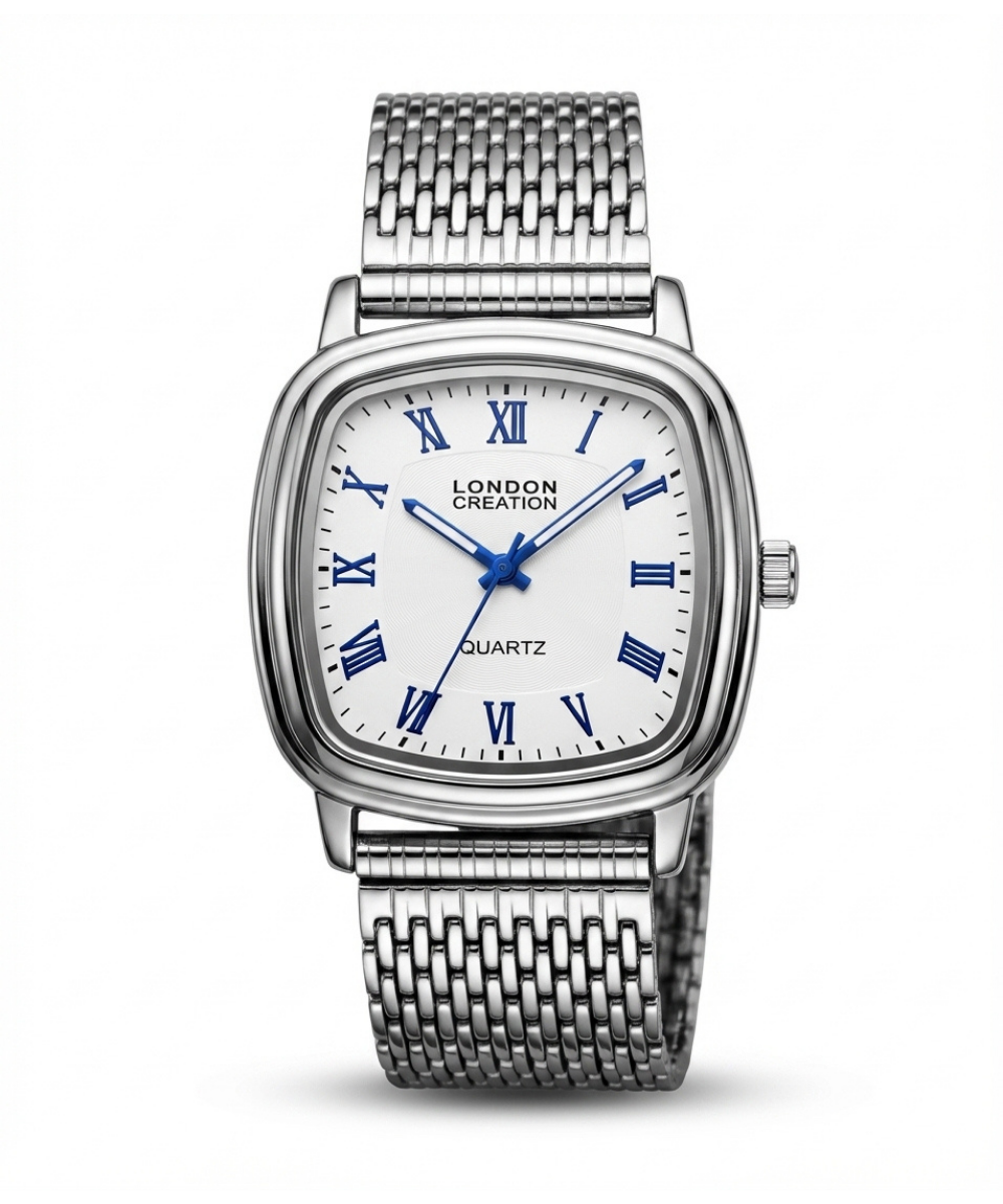 London Creation Men's Classic Square | Silver Mesh Blue Accent Watch