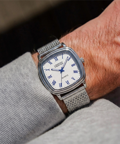 London Creation Men's Classic Square | Silver Mesh Blue Accent Watch