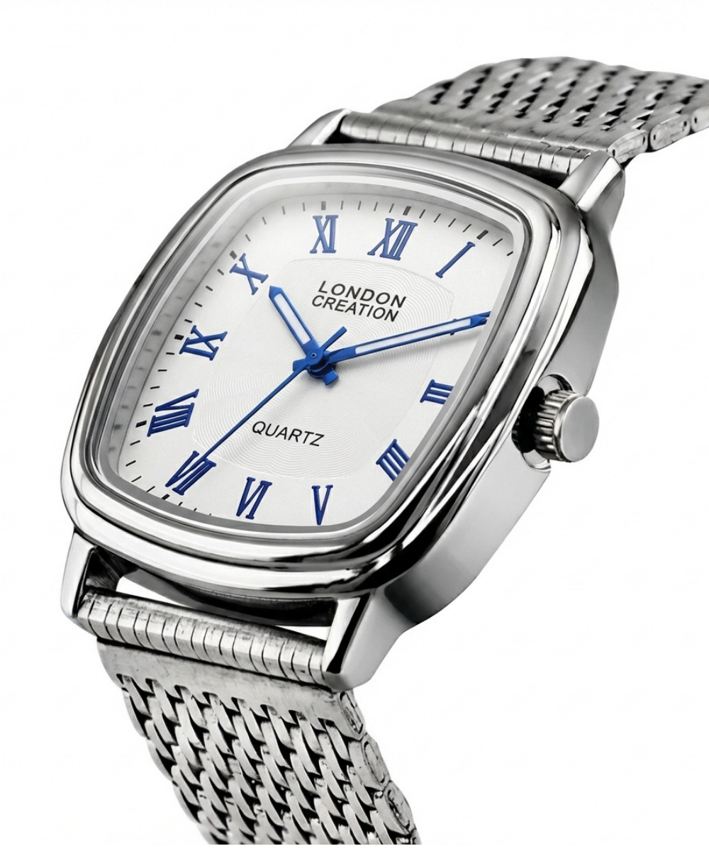 London Creation Men's Classic Square | Silver Mesh Blue Accent Watch