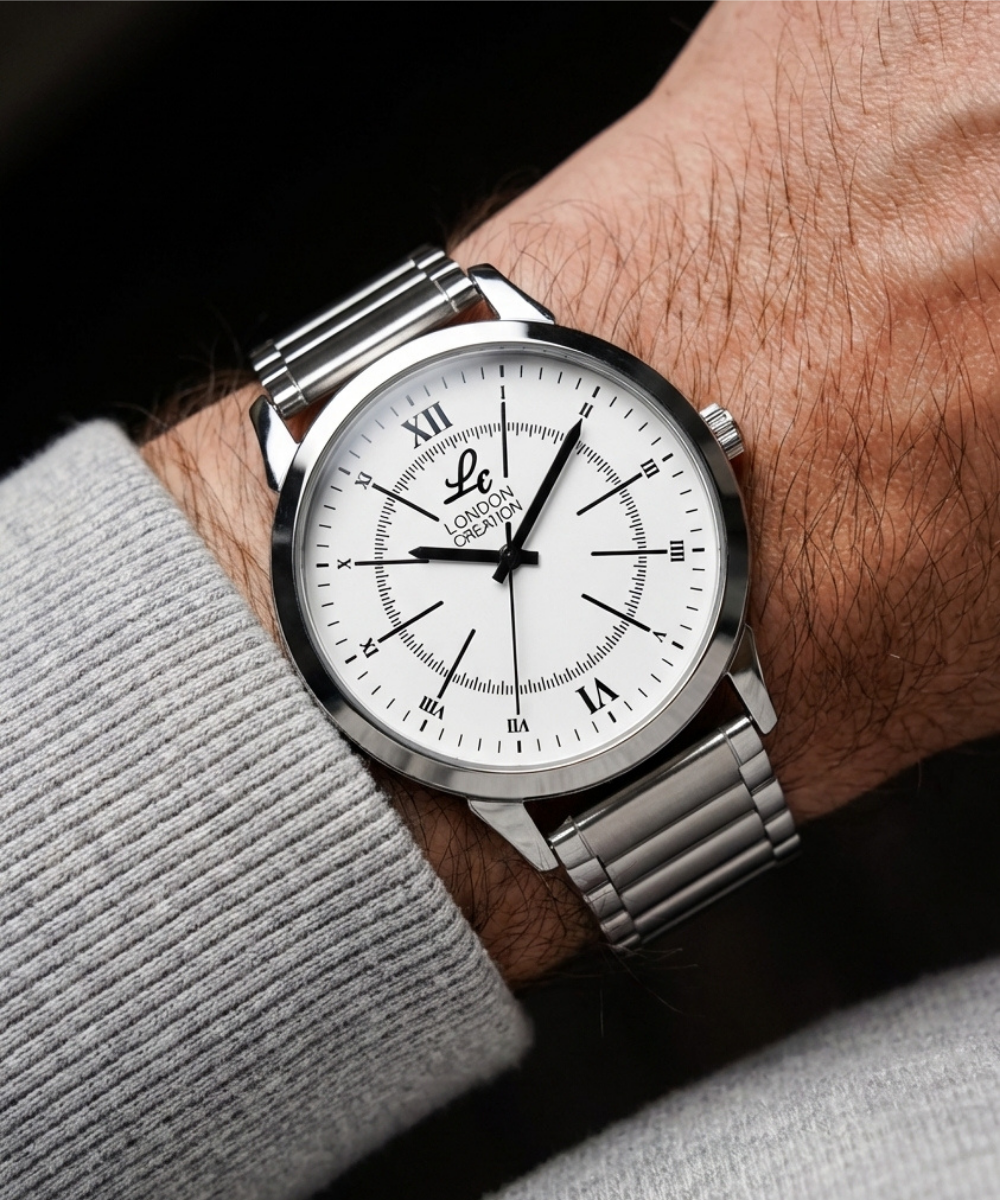 London Creation Men's Classic Edge | White Dial Stainless Steel Watch