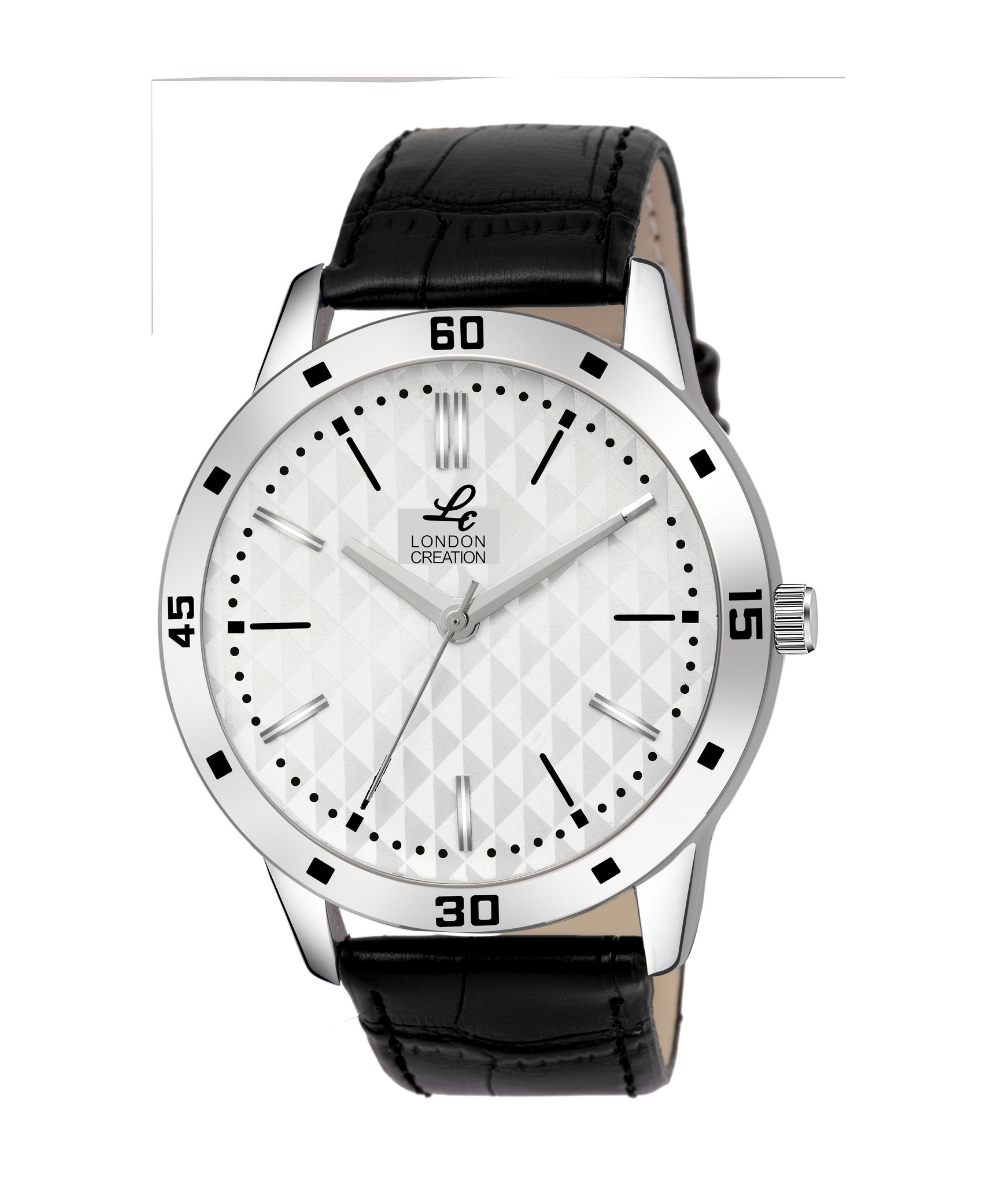 London Creation Men's Textured Dial Bezel Design | Leather Strap Watch