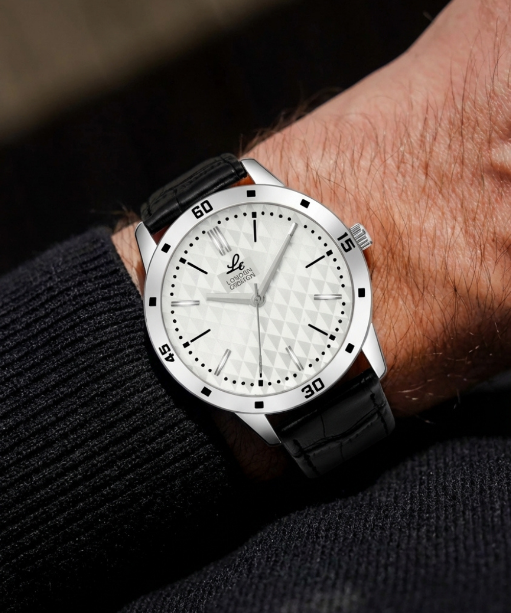 London Creation Men's Textured Dial Bezel Design | Leather Strap Watch