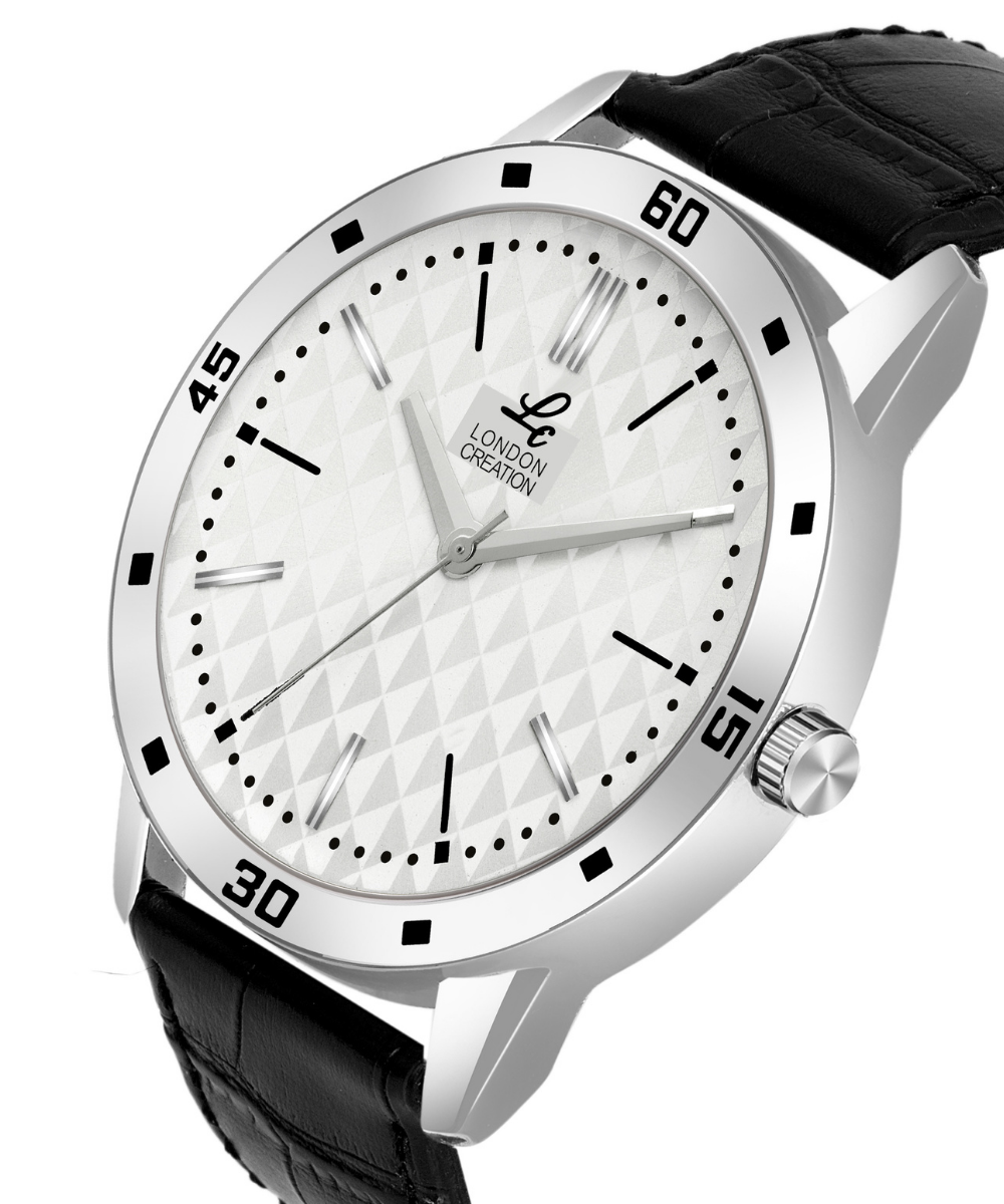 London Creation Men's Textured Dial Bezel Design | Leather Strap Watch