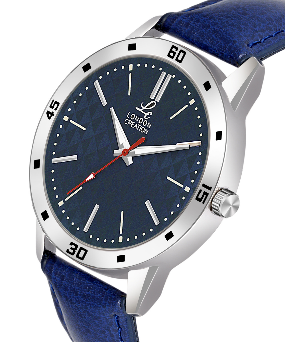 London Creation Men's Textured Blue Dial | Leather Strap Watch
