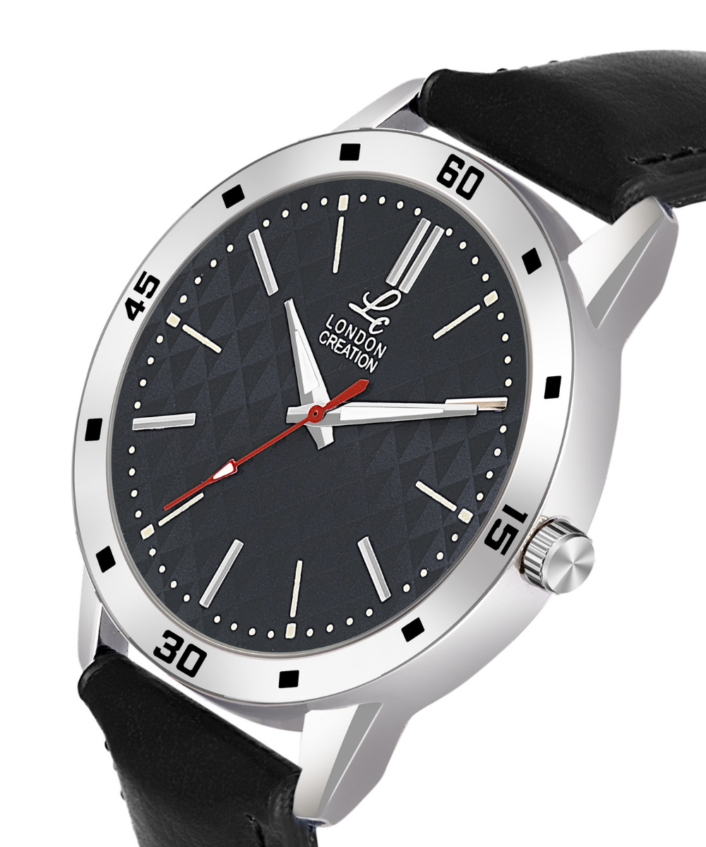 London Creation Men's Textured Black Dial | Leather Strap Watch