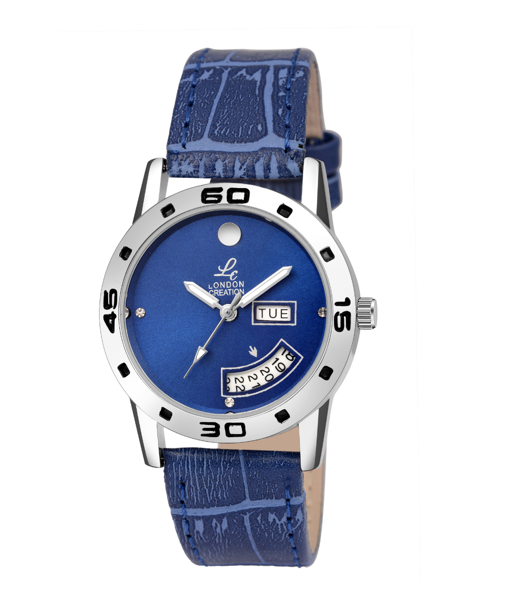 London Creation Women's Blue Dial Day-Date Curve Display | Leather Strap Watch
