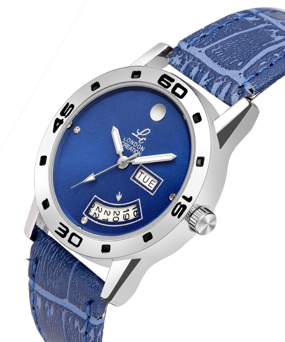 London Creation Women's Blue Dial Day-Date Curve Display | Leather Strap Watch