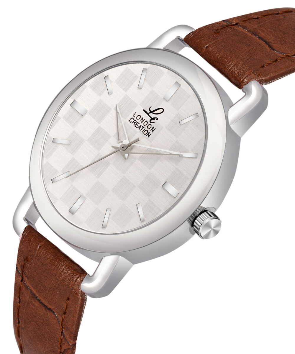 London Creation Women's Textured Silver Dial Classic | Leather Strap Watch
