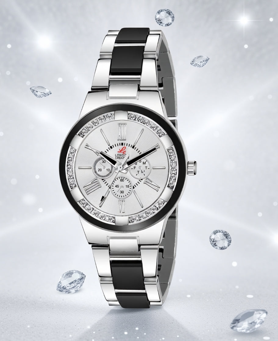 London Creation Women's Monochrome Luxe | White Dial & Black Inlay Bracelet