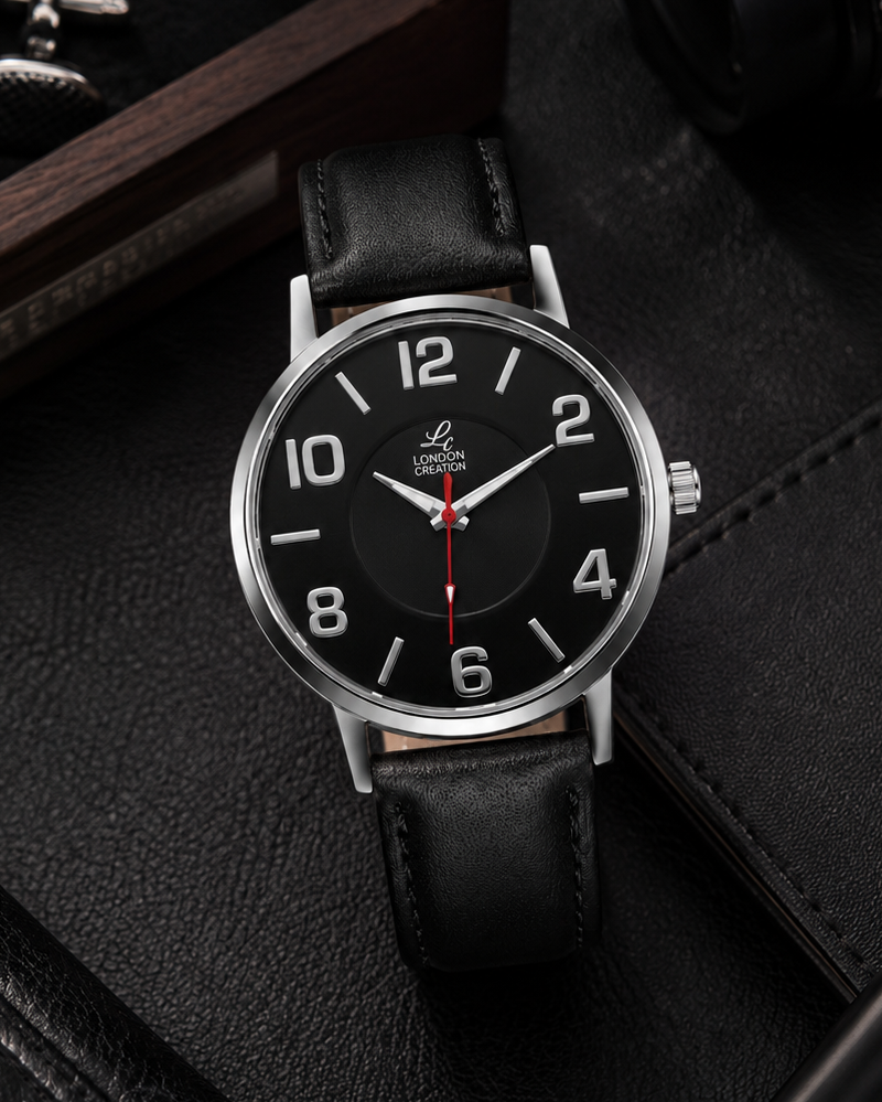 London Creation Men's Classic Black Dial | Leather Strap Watch