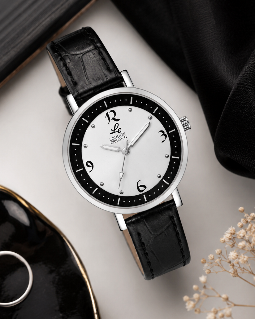 London Creation Women's Classic Contrast Dial | Black & White Leather Watch