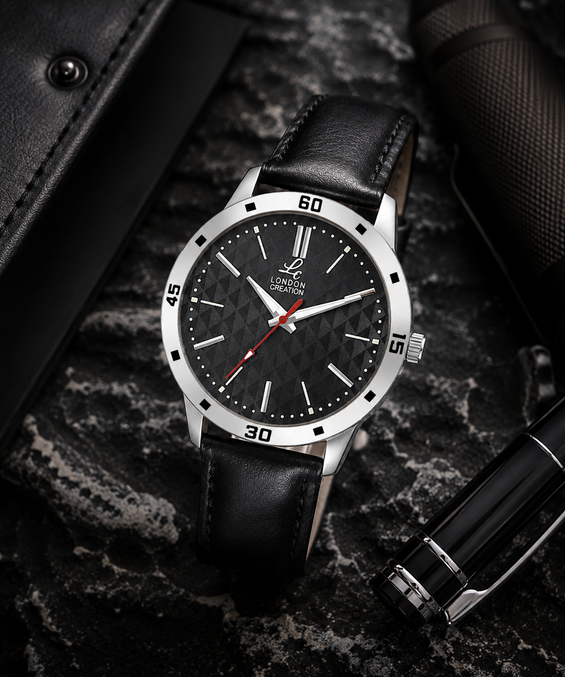London Creation Men's Textured Black Dial | Leather Strap Watch