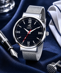 London Creation Men's Black Textured Dial | Roman Index Mesh Strap Watch