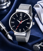 London Creation Men's Black Textured Dial | Roman Index Mesh Strap Watch