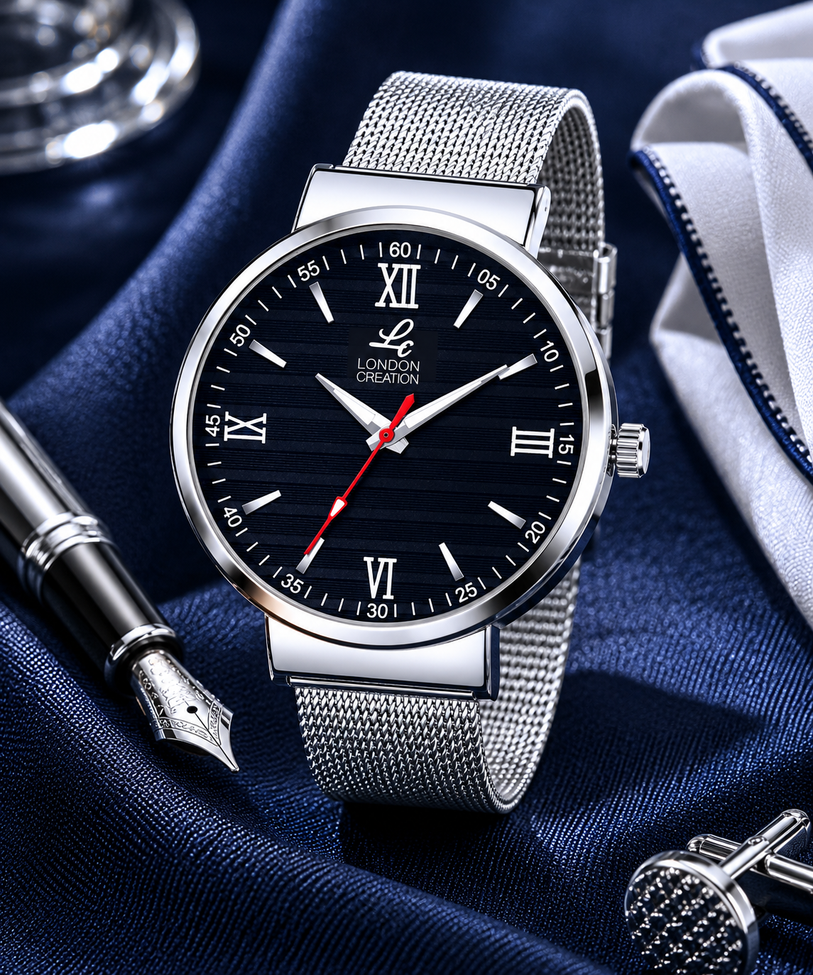 London Creation Men's Black Textured Dial | Roman Index Mesh Strap Watch