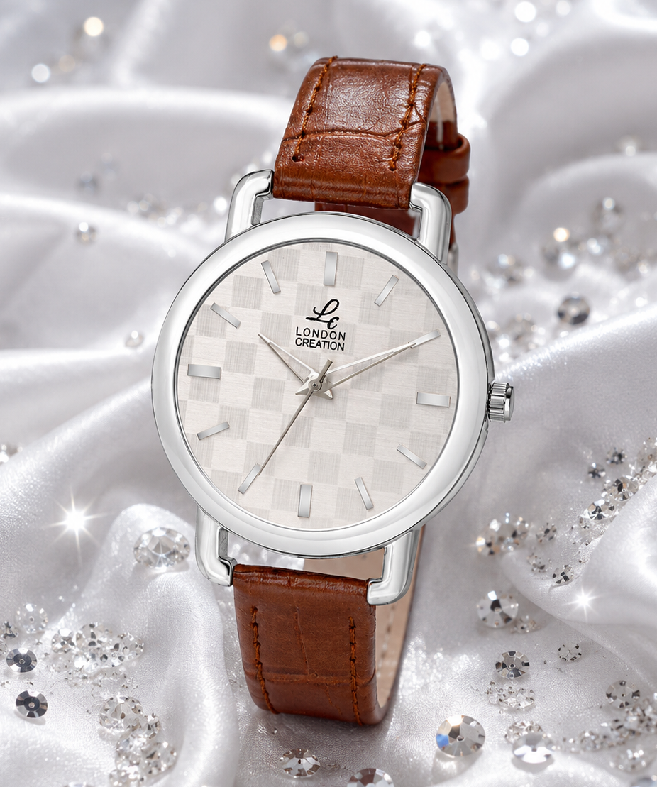 London Creation Women's Textured Silver Dial Classic | Leather Strap Watch