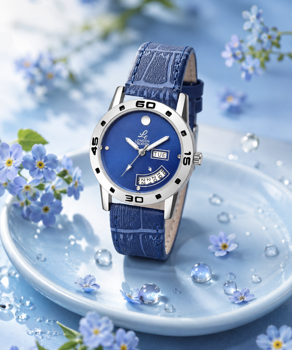 London Creation Women's Blue Dial Day-Date Curve Display | Leather Strap Watch