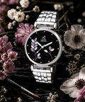 London Creation Women's Midnight Bloom | Black Floral Steel Watch