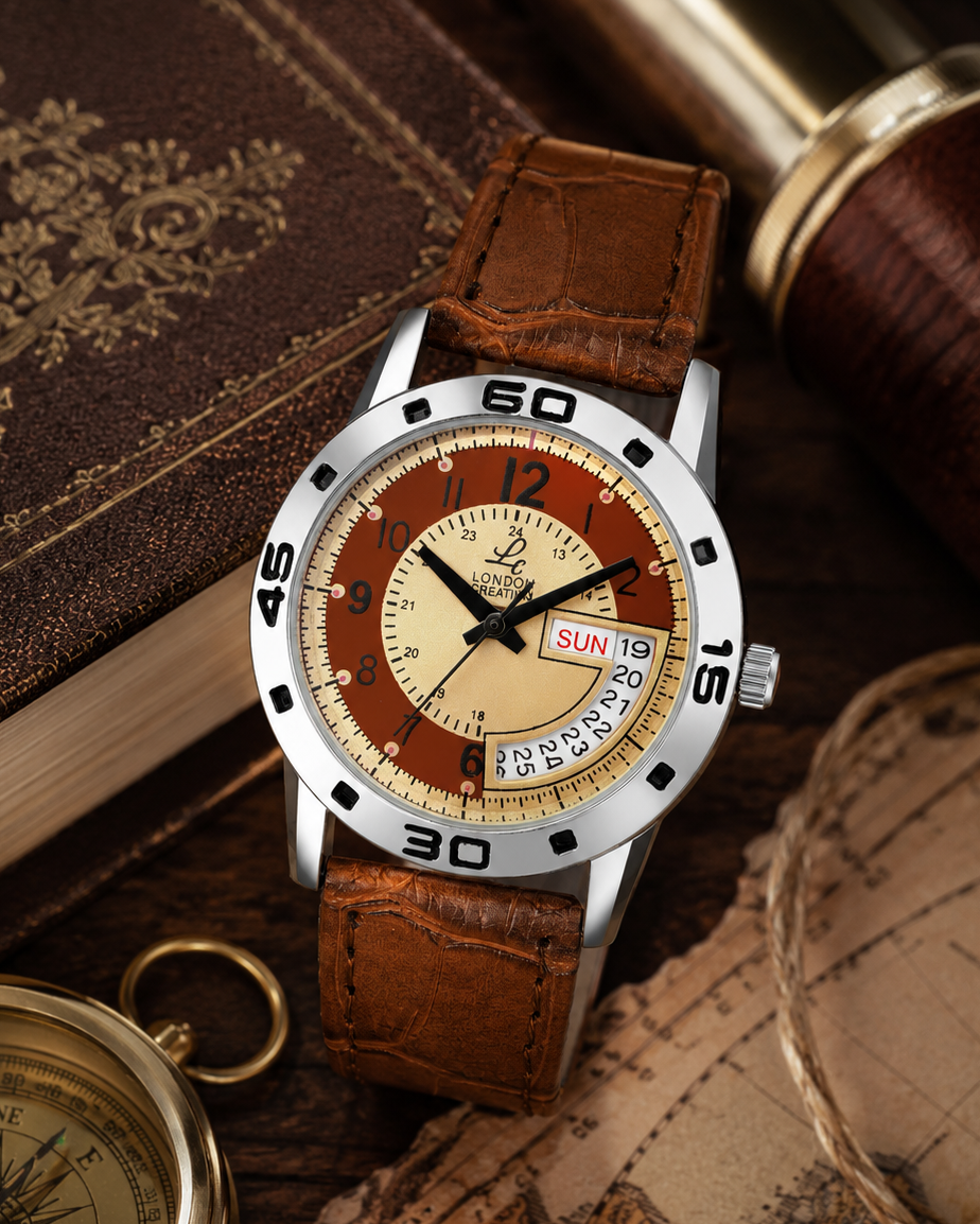 London Creation Women's Dual Tone Day-Date Dial | Leather Strap Watch